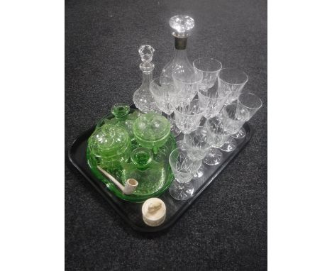 A tray of cut glass decanter with silver collar, decanter, assorted drinking glasses, Art Deco glass trinket set, clap pipes 