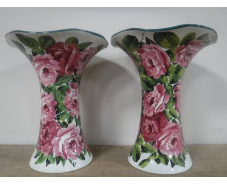 A rare very large pair of Wemyss vases decorated with cabbage rose sprays, impressed mark to base and also painted, height 31