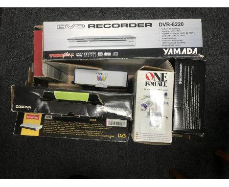 A box of assorted electricals - DVD recorder, Bush set top box, One for all remote, etc 