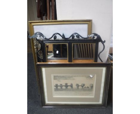 An ornate metal framed mirror, quantity of frames, pictures and prints 
