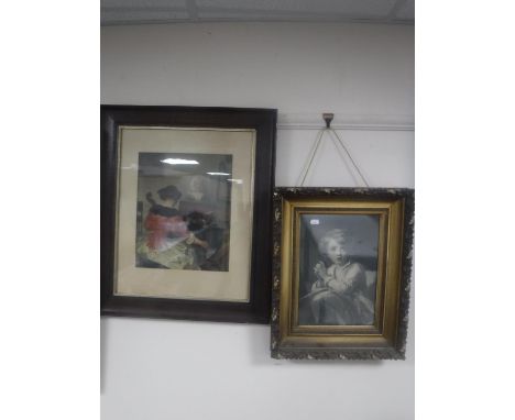 A Victorian gilt framed black and white print of a girl and an Edwardian oak framed print 