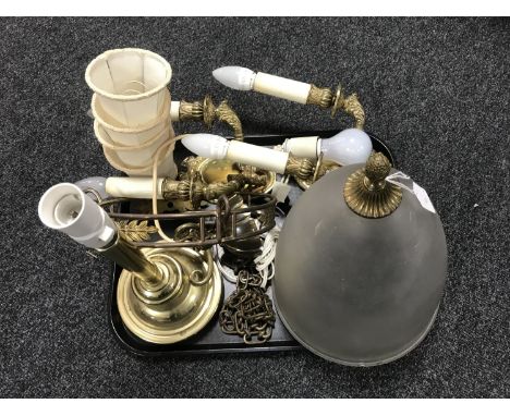 A tray of early 20th century brass ceiling light, pair of two brass wall lights with shades and brass table lamp 