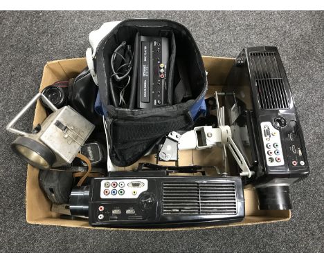 A box of assorted cameras, two TV projectors, multi media disk player, two pull down projector screens, railway torch 