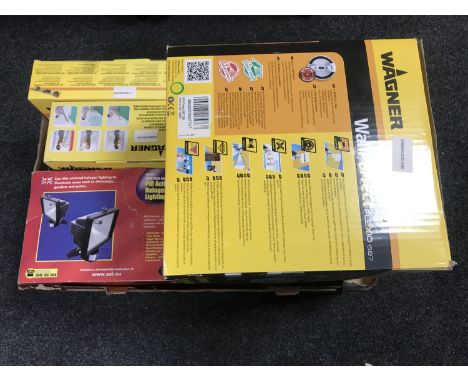 A box of Wagner wall paper stripper, paint kit, spray kit, halogen light, Nutool kit 