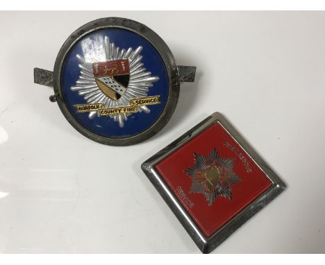 Car Memorabilia: Two vintage Fire Rescue car badges including Norfolk County Fire Service