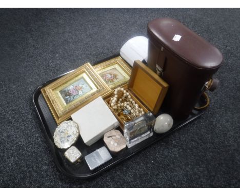 A tray of leather cased Carl Zeiss binoculars, compact, costume jewellery, pair of miniature gilt framed oils on panels, Zipp