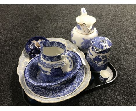 A tray of antique and later china - boxed Royal Worcester cake plate, blue and white meat plate, Maling lidded jug, etc 