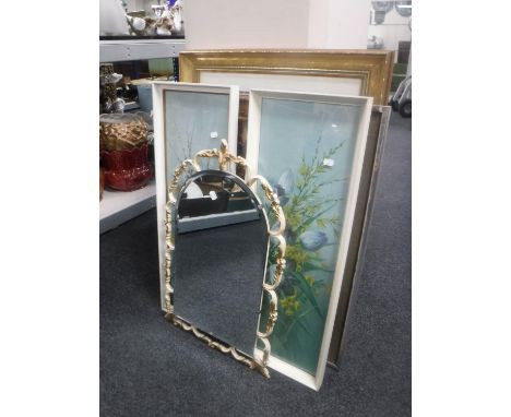 A gilt framed hall mirror, five assorted prints and cream and gilt mirror 
