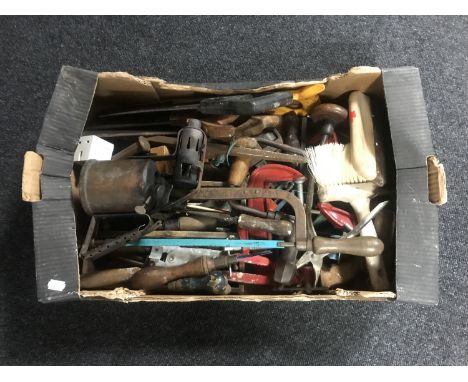 A box of vintage and later hand tools, blow lamp and joinery tools 