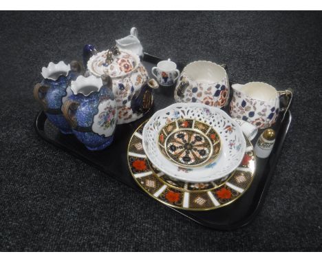 A tray of three piece antique pottery tea service, miniature Imari loving cup, Royal Crown Derby plates and dish, pair of Nor