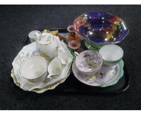 A tray of Royal Winton tea for one, Maling storm bowl, Maling candlestick holders etc 