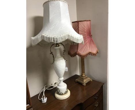 A chalk Corinthian column table lamp with shade and a marble and brass table lamp with shade 