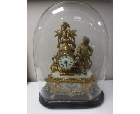 A 19th century gilt brass and alabaster figural mantel clock under and glass dome 