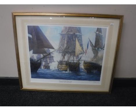 A gilt framed signed Jeff Hunt limited edition print depicting HMS Victory at Trafalgar, number 263 of 850 