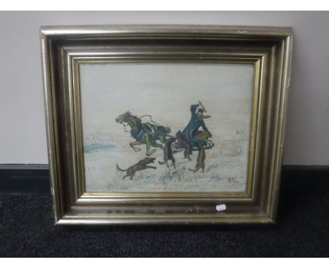 A gilt framed continental oil on board, wolves harassing man on sledge, indistinctly signed  