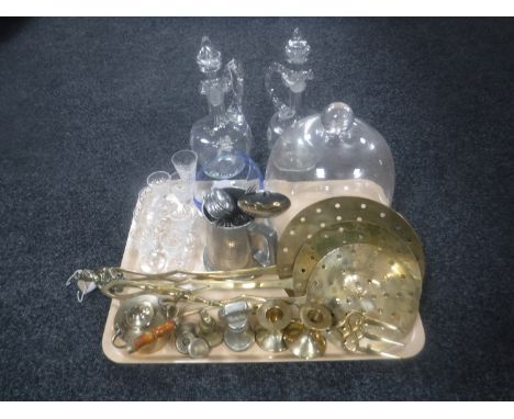 A tray of assorted brass ware - teapot, chestnut roasters, toasting fork, weights, plated cutlery, glass cloche, pair of Vict
