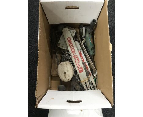 A box of chain saw blades and chains, block and tackle, Bosch angle grinder, metal storage box etc 