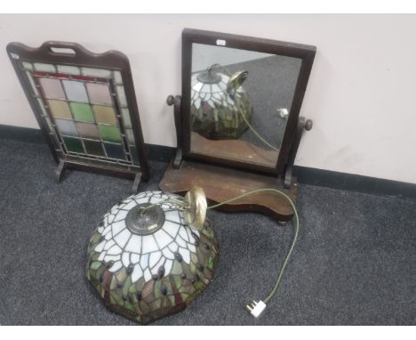 A Victorian dressing table mirror, glass fire screen and a Tiffany style dragonfly light fitting (a/f) 