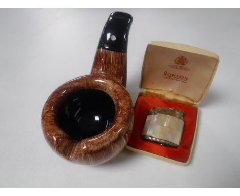 A Dunhill pottery ashtray and a Ronson lighter 