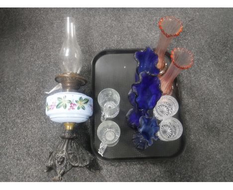 A tray of antique glass vases, drinking glasses, Duplex oil lamp with chimney with hand painted blue glass reservoir 