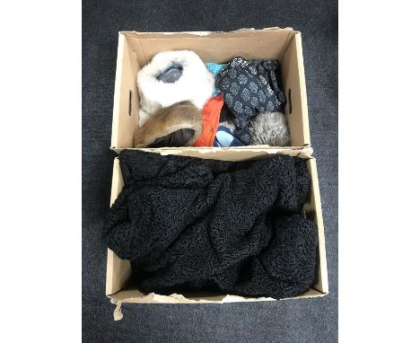 Two boxes of vintage clothing, coat, fur hats 