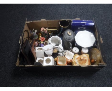 A box of cottage ware china, Carlton Ware tea light holders, plated teapot, flower fairies figures etc 