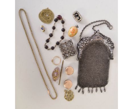 A mixed lot including a 19th century yellow metal and seed pearl mourning brooch, engraved 'Jane Jones, died and buried, Marc