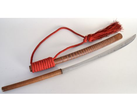 A Burmese dha/dao sword complete with wooden scabbard and decorative red rope, 96cmL