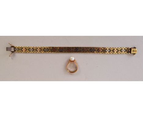 A 9ct gold bracelet of white and pink gold together with a gold ring with pearl