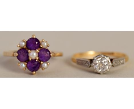 A gold seed pearl and amethyst cluster ring and a solitaire diamond and gold ring with illusion setting