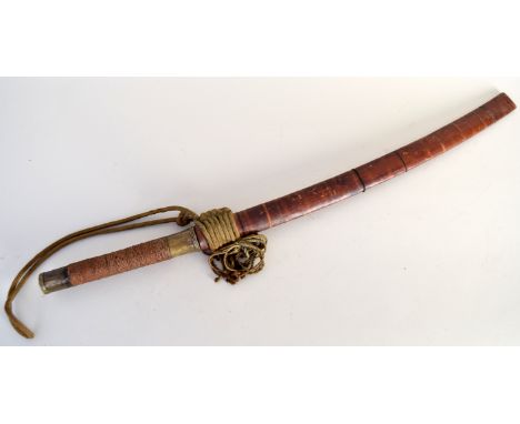 A Burmese dha/dao sword with wooden and brass hilt together with wooden scabbard, 74cmL