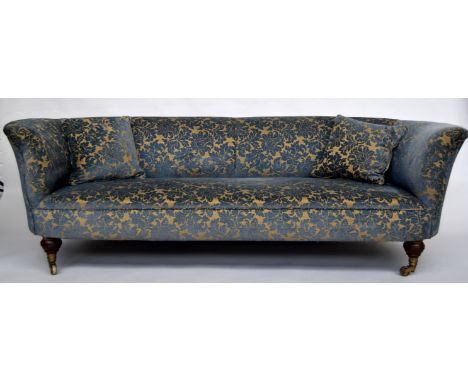 A late Victorian three seater sofa upholstered in blue damask, 208 x 60cmH