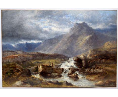 James Poole (1804-1886,British)  Travellers on the Conwy, North Wales with Mount Snowdon beyond, signed lower right, oil on c