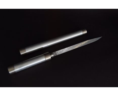 A Damascus steel blade with screw on steel scabbard, 36.2cmL