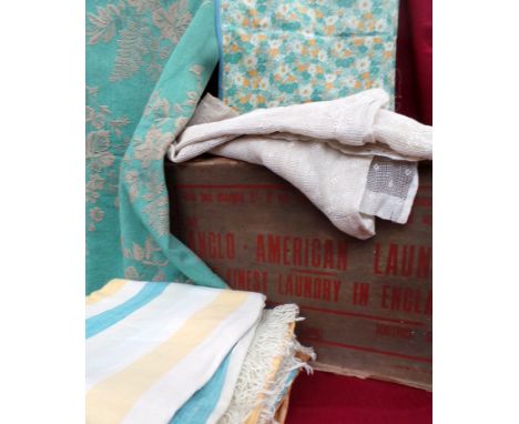 A mixed lot of vintage textiles, curtains and linens dating from the 1930s. Lot also includes a silk tourist scarf from Austr
