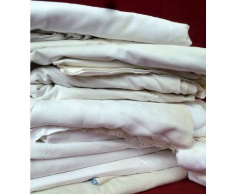 A lot of vintage table linen and sheets - at least twenty pieces. Most sheets have age marks. (Qty)