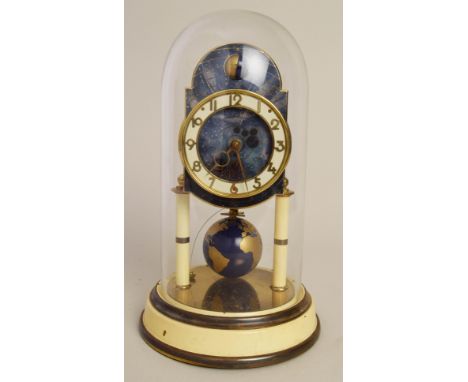 A German brass `400 day` anniversary timepiece, circa 1950 by Kaiser Clock Company, the celestial blue dial depicting the pla