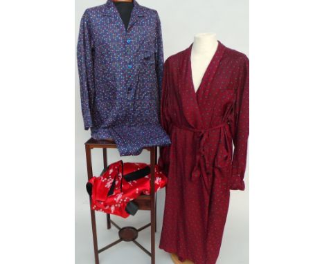 A vintage 'Tootal' dressing gown, a pair of silk rayon pyjamas and a red/black printed and embroidered kimono. All size mediu