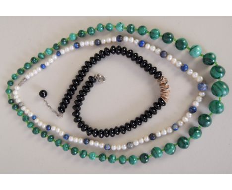 A 20th century graduated malachite and glass bead necklace, 70cmL, together with a cultured pearl and lapis lazuli graduated 
