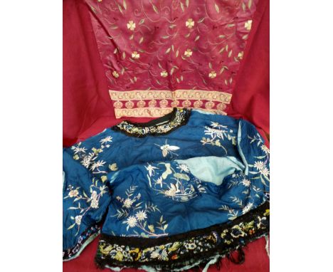 A large lot of vintage and antique silk remnants and samples including a damaged Chinese silk embroidered tunic (see photos) 