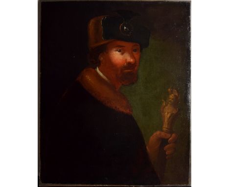 German School, 17th century, Portrait of a merchant holding an ornate ivory staff, oil on canvas, 76 x 64cmThe Staff shown is