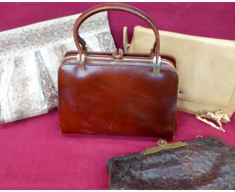 Four vintage handbags. A 'Martin van Schaak' skin shoulder bag, cream leather lined with gold metal horse and jockey clip - n