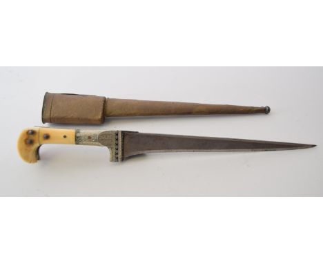 An eastern dagger with ivory hilt with attached small coin/medal of George V in a brass sheet metal scabbard, 37cmL