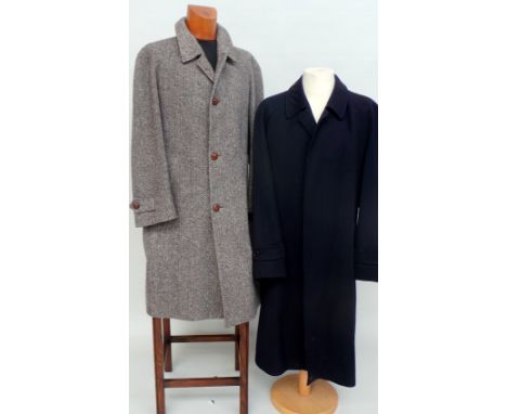 A vintage Harrods lined Crombie wool coat with side slit pockets together with a navy wool lined gaberdine coat for House of 