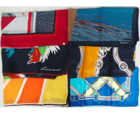 A selection of scarves to include three squares by 'Leonardi' a 'Jacqmar' and two vintage bridle strap squares. All in good v