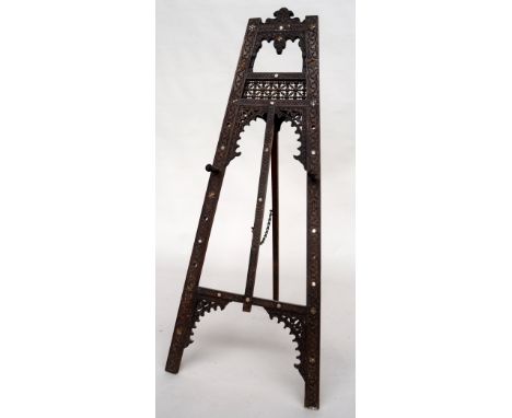 A Syrian walnut bone and mother of pearl inlaid gallery easel, circa 1900, 133cmH