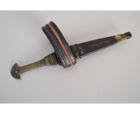 A small brass hilted dagger in brown leather scabbard with belt hook, 26.5cmL