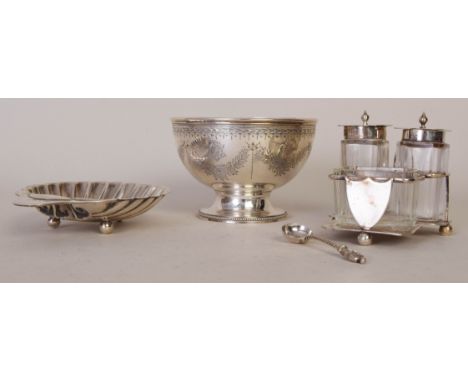 A mixed lot of silver items, to include a Victorian sugar bowl on a pedestal stand with etched decoration around the bowl of 