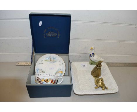 Mixed Lot: Boxed Royal Worcester cup and saucer, a duck decorated bowl, a brass tortoise and a brass table bell