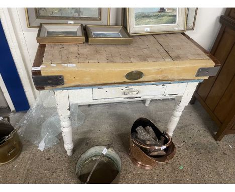 Vintage butchers block on related table base, top 102 x 62 cm